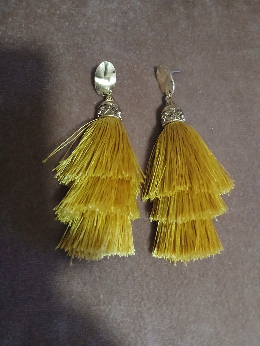 Gold-Tone Mustard Yellow Tiered Tassel Drop Earrings